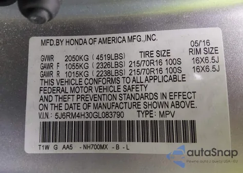 2016 Honda Cr-V Lx from USA, damaged, VIN 5J6RM4H30GL083790
